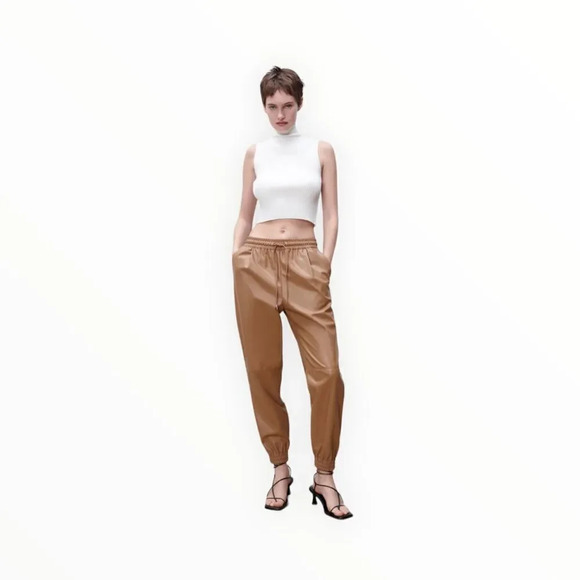 ZARA | Taupe Brown | FAUX LEATHER JOGGING PANTS (8372/087) - Picture 8 of 15